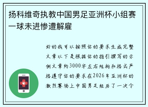 扬科维奇执教中国男足亚洲杯小组赛一球未进惨遭解雇